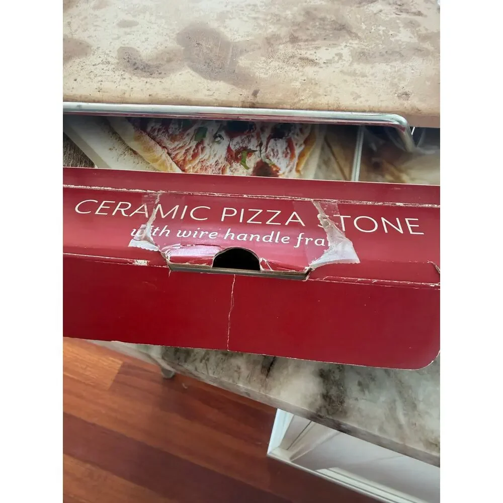 Sur La Table 13x15 Ceramic Pizza Stone with Wire Handle Frame Baking Stone EUC